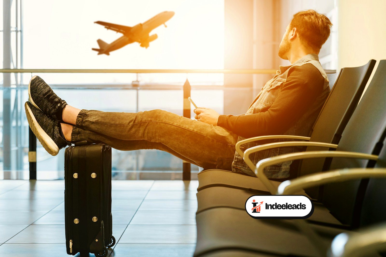 Traveller with luggage at the airport before a holiday