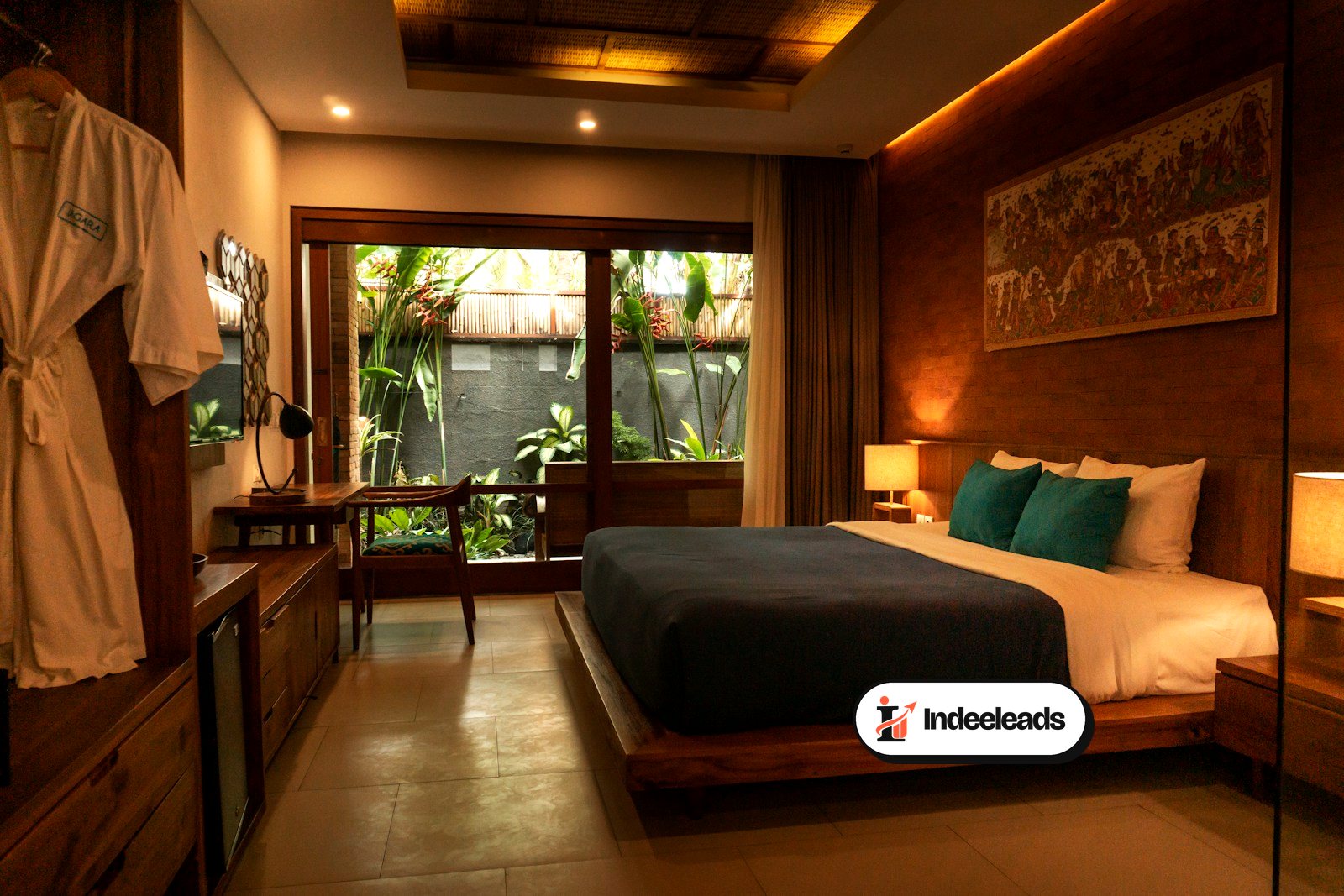 Warmly lit boutique hotel room with a garden view