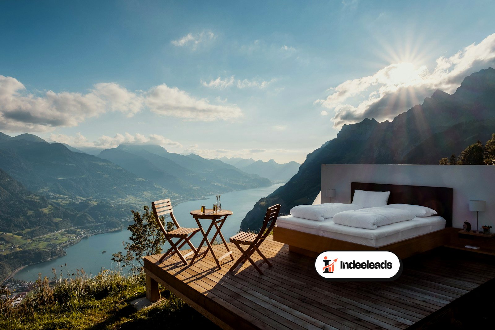 Open-air bed on a wooden deck overlooking a mountain lake